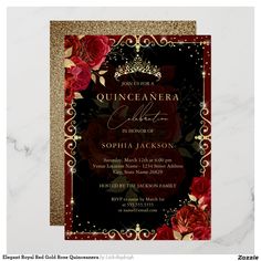 an elegant quinceauera party with red roses and gold glitter on the edges