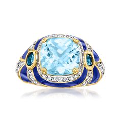 Ross-Simons - 4.40ct t. w. London, Sky Blue Topaz, .50ct t. w. White Zircon Ring, Blue Enamel Over Sterling. Size 8. Bound to be a true blue favorite, this remarkable ring showcases an icy 4.00 carat square cushion-cut sky blue topaz, flanked by .40 ct. t. w. London blue topaz gems. .50 ct. t. w. white zircon rounds add additional shimmer in richly hued blue enamel. Crafted in 18kt gold over sterling silver. 1/2" wide. Blue enamel, white zircon and blue topaz ring. Blue Topaz birthstones are the Luxury Blue Enamel Diamond Ring, Blue Diamond Enamel Ring Fine Jewelry, Blue Enamel Diamond Ring Fine Jewelry, Elegant Blue Enamel Ring With Gemstone, Luxury Blue Diamond Ring With Accents, Blue Diamond Enamel Ring For Formal Occasions, Formal Blue Enamel Diamond Ring, Blue Enamel Ring With Gemstone In Fine Jewelry Style, Blue Enamel Ring With Gemstone Fine Jewelry