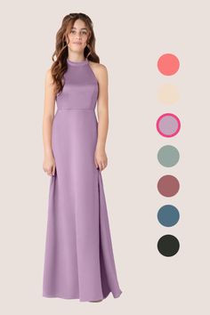 a woman in a long purple dress standing next to different color swatches and colors