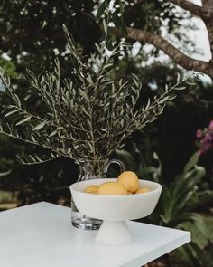 a bowl filled with lemons sitting on top of a table next to a tree