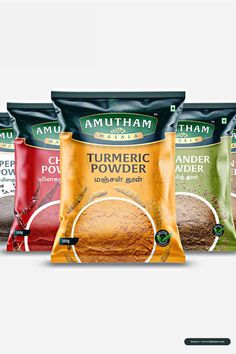 three bags of turmetic powder are shown in this ad for amutham