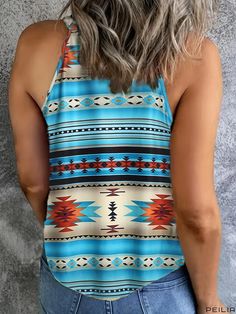 Peilia - Chic Geometric Print Halter Neck Top - Sleek Sleeveless Summer Attire for Women Casual Printed Sleeveless Vest, Printed Sleeveless Casual Tank Top, Casual Printed Sleeveless Tank Top, Casual Printed Cami Tank Top, Printed Multicolor Sleeveless Halter Top, Blue Printed Sleeveless Top, Patterned Sleeveless Printed Tank Top, Casual Blue Printed Tank Top, Bohemian Stretch Sleeveless Tank Top