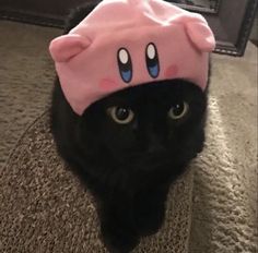 a black cat wearing a pink hat with eyes