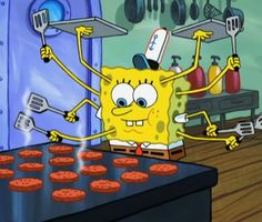 an animated spongebob character is working on something in the room that looks like he's doing something