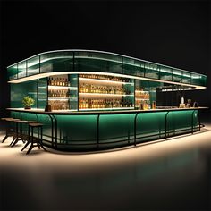 a green bar with stools in front of it