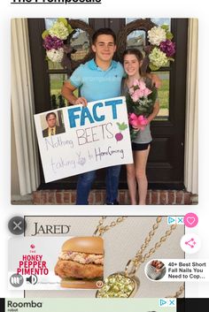 two people standing in front of a door holding a sign that says fact beets