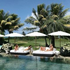 three women lounging on chaise lounges by the pool in front of palm trees