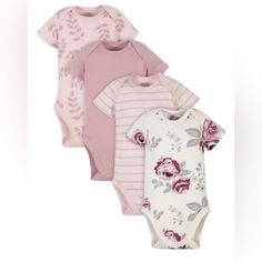 Gerber Baby Floral Onesie Bundle Pack Of 4 Baby Bodysuits Organic Cotton New Without Tags Never Been Worn Floral, Dusty Pink, Striped, And Pink Leaf Print Newborn 0-3 Months 3-6 Months 6-9 Months 12 Months Cute Pink Short Sleeve Bodysuit For Spring, Pink Short Sleeve Bodysuit, 4 Baby, Gerber Baby, Pink Leaves, Bundle Pack, Future Baby, Leaf Print, Leaf Prints