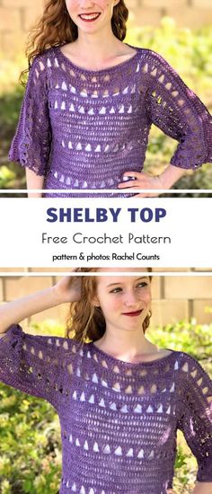 a woman wearing a purple crochet top with the words, shebby top free crochet pattern