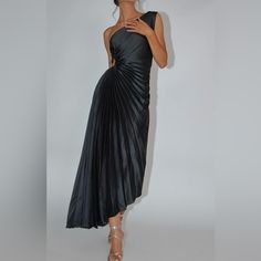 Vici Satin Pleated One Shoulder Dress. Side Cut Out. Never Worn. Pet Free, Smoke Free Home. Black Pleated Maxi Dress For Party, Black Pleated Evening Dress, Black Pre-draped Evening Dress With Pleated Bodice, Vici Dress, Ribbed Midi Dress, Red Ombre, Bow Detail Dress, Sweater Dress Midi, Knit Midi