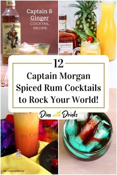 Collage of 4 captain morgan spiced rum cocktails. Mixed Drinks With Spiced Rum, Captain Morgan Spiced Rum, Captain's Castaway Drink Recipe, Cocktails With Captain Morgan, Mixed Drinks With Captain Morgan, Spices Rum Cocktails, Spiced Rum Cocktails Recipes