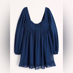 Nwt Abercrombie Long-Sleeve Ruched Babydoll Mini Dress Xs Originally Retailed For $80 Billowy Ruched Mini Dress, Fall Blue Puff Sleeve Mini Dress, Blue Fall Dresses With Gathered Sleeves, Blue Dresses With Gathered Sleeves For Fall, Chic Ruched Mini Dress With Billowy Fit, Flowy Long Sleeve Dress With Gathered Neckline, Long Sleeve Dress With Gathered Neckline For Fall, Chic Billowy Blue Dress, Blue Mini Dress With Gathered Sleeves