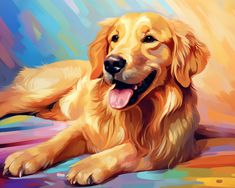 a painting of a golden retriever laying on the ground with his tongue hanging out