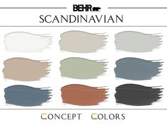 the color scheme for scandinavian colors in different shades and sizes, with text that reads behr