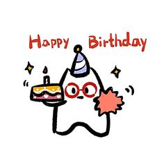 a birthday card with a cartoon character holding a cake