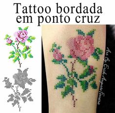 the cross stitch rose tattoo is shown in three different colors and designs, including pink roses