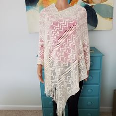 One Size. Knit Ivory Poncho From World Market White Fall Sweater For Vacation, Beige Knit Poncho One Size, Beige Knit Poncho, Beige Knit Poncho For Spring, Spring Beige Knit Poncho, One-size Beige Knit Poncho, White Sweater For Winter Vacation, White Winter Sweater For Vacation, White Winter Vacation Sweater