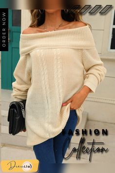 Fashion Tops Women Autumn Winter Straight Neck Sweater Solid Color Knitted Pullover Temperament Dress Oversized Sweater Trendy Beige Long Sleeve Sweater Dress, Casual Knitted Acrylic Sweater Dress, Casual Beige Sweater Dress For Winter, Casual Long Sleeve Acrylic Sweater Dress, Casual Acrylic Knitted Sweater Dress, Cream Knit Long Sleeve Sweater Dress, Cream Long Sleeve Knit Sweater Dress, Long Sleeve Cream Knit Sweater Dress, Casual Cable Knit Sweater Dress For Winter