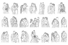 a line drawing of people hugging each other in different positions and sizes, with one man holding the woman's hand