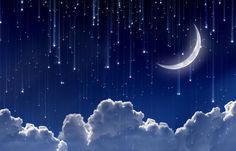 the night sky is full of stars, clouds and a crescent in the foreground