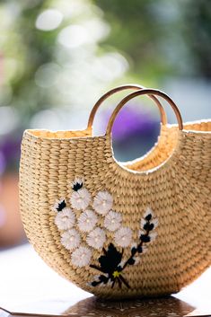 Natural straw tote with half-moon silhouette, wooden handle and embroidered pink and green floral design. The perfect summer day bag that goes with everything, she can be worn a beach bag or handbag. Dimensions: 15" W x 10" H Moon Silhouette, Husband Shirts, Straw Tote, Day Bag, Swim Accessories, Summer Hats, Wooden Handles, Pink Bag, Handmade Crochet