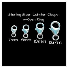 six silver lobster clamps are shown in four different sizes and colors, with the words sterling