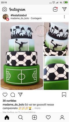 the cake is decorated with black and white soccers on it's green icing