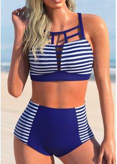 Size:XL;Size:XXL;Color:Navy Blue;Composition:82% Polyester, 18% Spandex;Decoration:Cross Strap & Criss Cross Back;Pattern Type:Stripe;Waist Type:Mid Waist;Bottom Type:Panty;Season:Summer;Occasion:Sport;Color Scheme:Blue;Washing Instructions:Hand Wash;Bra Style:Padded;Package Contents:1 X Bra , 1 X Panty;Strap Style:Adjustable;Pad Style:Removable;Support:Wire Free; Blue High Waist Stretch Swimwear, Blue High-waist Swimwear For Spring, Chic Blue High-waisted Swimwear, Blue High-waisted Stretch Swimwear, Striped Fitted High-waist Swimwear, Navy Blue Bikinis, Blue Ombre Hair, Modest Swimsuits, Bra Style