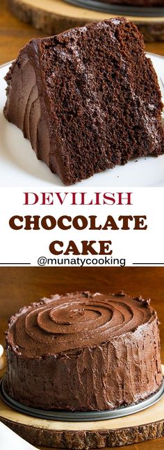 a chocolate cake on a plate with the words devilish chocolate cake