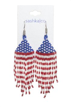 Sashka Co. Earrings RED / WHITE / BLUE USA Flag Glass Beaded Earrings Flag Earrings, Kathmandu Valley, Jewerly Beads, Seed Beading, Beaded Jewlery, Native American Beadwork, Seed Bead Patterns, Beaded Earrings Patterns, Beadwork Patterns