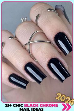 Glossy black square nails with a high-gloss finish. These versatile, timeless black chrome nails are perfect for any occasion and easy to match with any outfit. Sophisticated and polished look for everyday wear. Black Square Nails, Chrome Manicure, Chic Nails