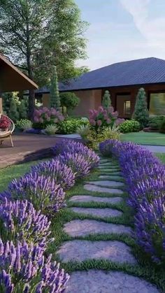 an artist's rendering of a garden with lavender flowers