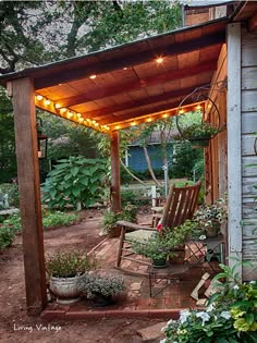 an outdoor covered patio with chairs and string lights on the roof, surrounded by greenery