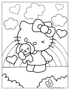 a hello kitty coloring page with hearts and a teddy bear in the sky above it