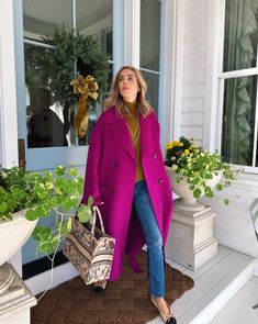 Chanel Sweater Outfit, Magenta Sweater Outfit, Colorful Winter Outfits, Bright Winter Outfits, Pink Trench Coat, Chanel Flats, Julia Berolzheimer, Pink Coat, Coat Outfits