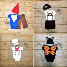 four pictures of baby onesuits made to look like children's clothes and hats