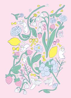 a pink background with flowers and plants on it, including lemons, blueberries, strawberries, and more