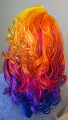 Nighttime sunset hair! Sunset Hair Color Ombre Purple, Pastel Sunset Hair, Crazy Hair Dye Ideas, Flame Hair Color, Sunset Hair Color Ombre, Crazy Color Hair Ideas