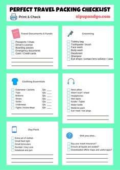 printable travel packing checklist with the text perfect travel packing checklist on it