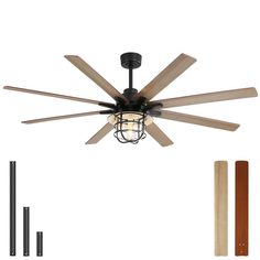 a ceiling fan with three wooden blades and a light fixture in the shape of a cage