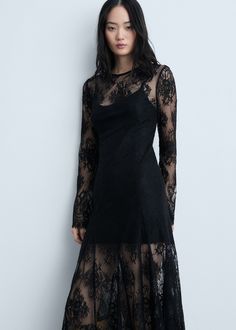 Semi-transparent lace long dress - Women | MANGO USA Lace Long Dress, Maxi Design, Classic Capsule Wardrobe, Skirt Trends, Draped Skirt, Lace Long Sleeve, Lace Dress Long, Sleeve Maxi Dress, Lace Maxi