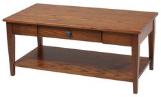 a wooden coffee table with two drawers on one side and an open drawer on the other