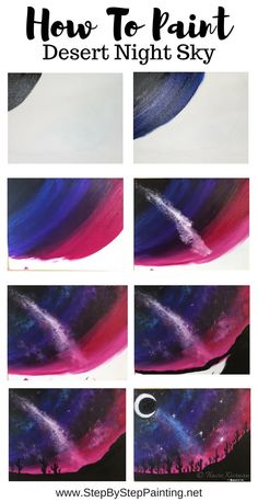 how to paint desert night sky with purple and blue streaks on the bottom, in different stages