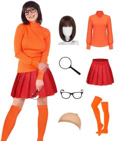 PRICES MAY VARY. Complete Costume Set: The Velma outfit includes the orange top, red skirt, glasses, wig, socks, and a magnifying glass, providing everything you need for a true-to-character transformation. Versatile Sizing Options: Designed for adult women, this women Velma costume skirt comes in various sizes, offering a tailored and confident look for every wearer. High-Quality Materials: Made with care, this Velma costume adult outfit is crafted from premium fabric, ensuring comfort, durabil Velma Outfit, Costumes With Glasses, Halloween Costumes Glasses, Velma Costume, Daphne Costume, Classic Movie Characters, Costumes For Teens, Halloween Costume Contest, Halloween Costume Outfits