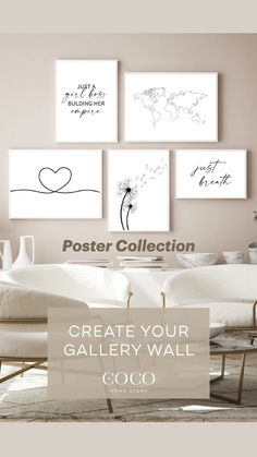 a living room with white furniture and pictures on the wall above it that says create your gallery wall coco