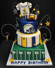 a football themed birthday cake on top of a table