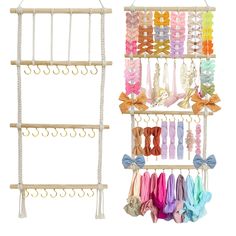 two racks with ties and bows hanging from them, one is made out of wood