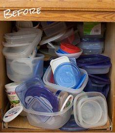 an open cabinet filled with plastic containers and lids on top of each other, before and after