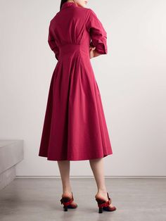 SIMKHAI Jazz pleated cotton-blend poplin midi shirt dress | NET-A-PORTER Classic Shirt Dress, Flat Dress Shoes, Full Skirt Dress, Cotton Midi Dress, Pleated Midi Dress, Red Midi Dress, Green Midi Dress, Midi Shirt Dress, White Shirt Dress