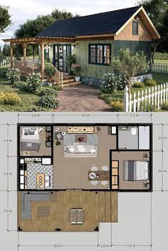 the floor plan for a small cabin with a porch and living room on one side